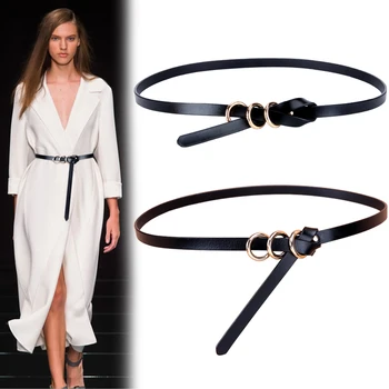 

New Genuine Leather women thin belts sweater dress decorate knotted small strap belt solid cowskin round gold buckle waistbands