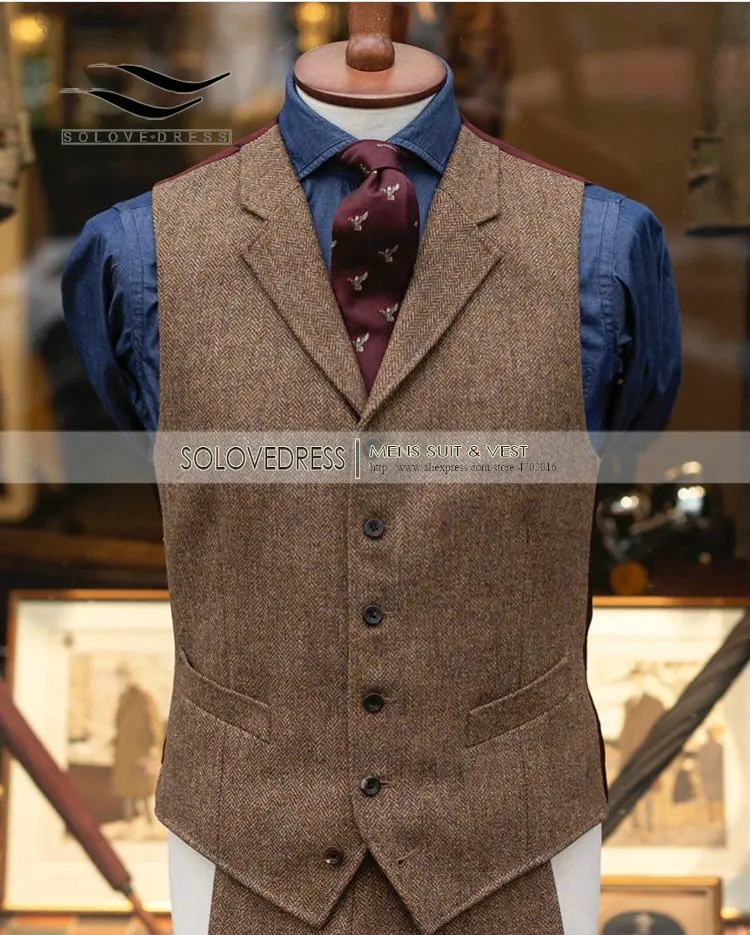 Mens Suit Vest Casual Vintage Sleeveless Herringbone Groomman for Wedding Tweed Waistcoat Plaid Vest 3