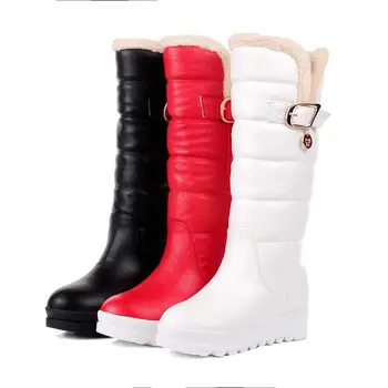 

Large size 34-43 mid calf boots round toe med heels platform women boots high quality pu leather thick winter snow boots