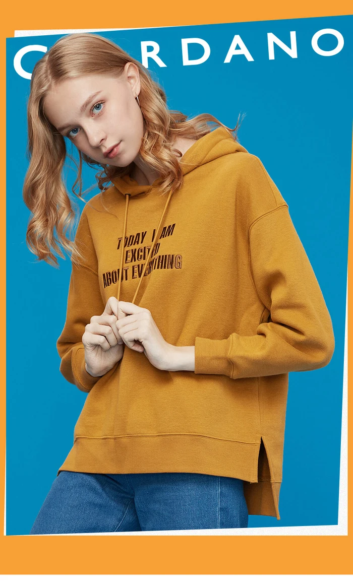 Giordano Для женщин толстовки с капюшоном и вышивкой с флисовой подкладкой толстовка с капюшоном со шнурком Смешанный хлопок Moletom Infantil Menino женское Inverno 05399781