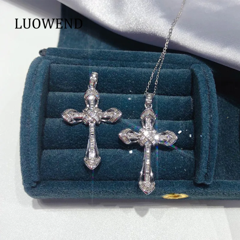 LUOWEND 100% Solid 18K White Gold Pendant Necklace Real Natural Diamond Necklace Christianity Birthday Gift Classic Cross Shape