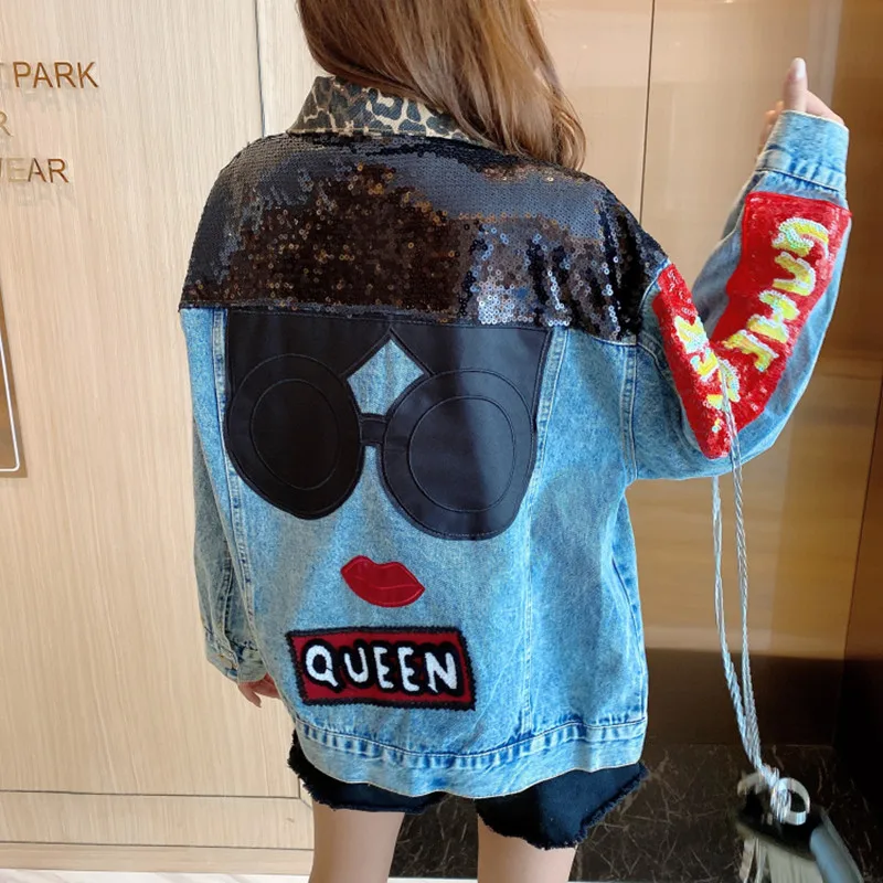 

Hiphop Street Tide Heavy Industry Sequins Patchwork Oversized Denim Jackets Women Cute Cartoon Chic Lapel Mujer Loose Outerwear