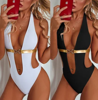 

Sexy Cut Out One Piece Bathing Suit Monokini Golden Bandage Swimsuit V-Neck Push Up Swimwear Women String Bodysuit Beach Wear