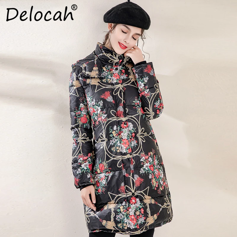 

Delocah Women Down Coat Runway Fashion Designer Vintage Printed 90% White Duck Down Warm Jacket Winter Hooded New Ladys Coats