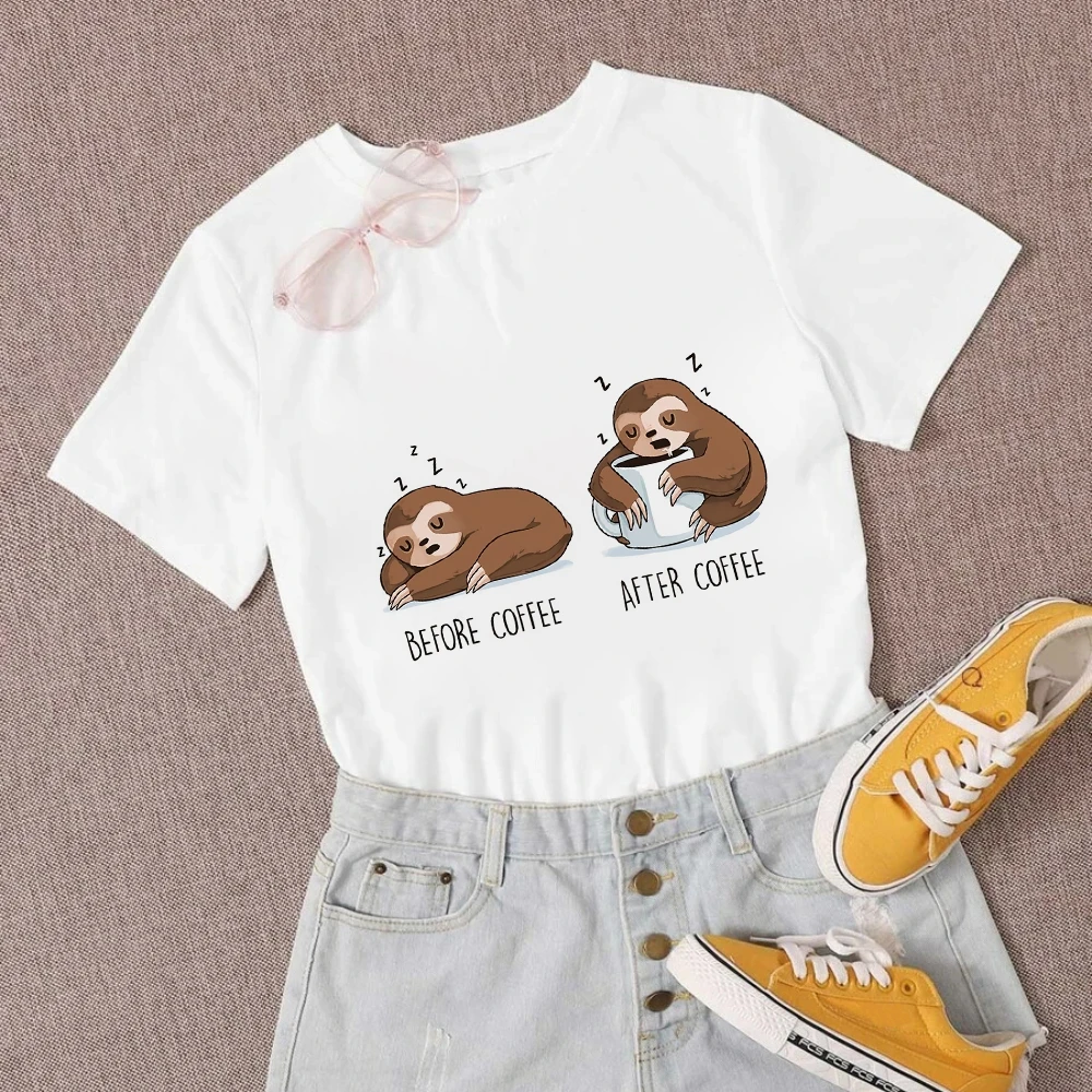 

2020 New Cute Sloth Popular Women's T-shirt BEFORE COFFEE AFETER COFFEE Letter Short Sleeve Minimalism Hot Selling Clothes