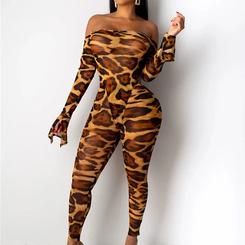 

High Stretchy Leopard Casual Jumpsuits Off Shoulder Full Sleeve Bodysuit+Pants Women Two Piece Sets Plus Size Club Sexy Romper