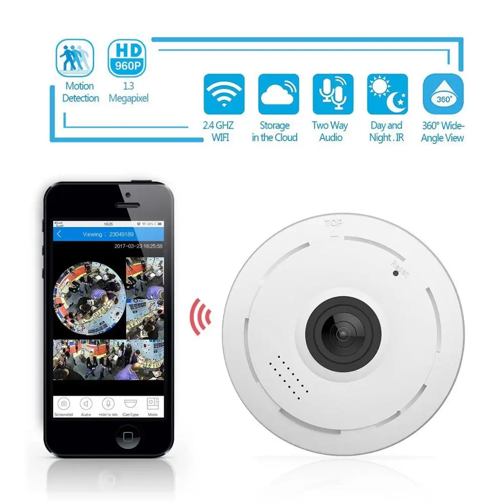 Kruiqi 360 Degree IP Camera Wifi FishEye HD 960P Smart Panoramic IPC P2P Wireless IP Fisheye Camera 1.3MP Security Wifi Camera