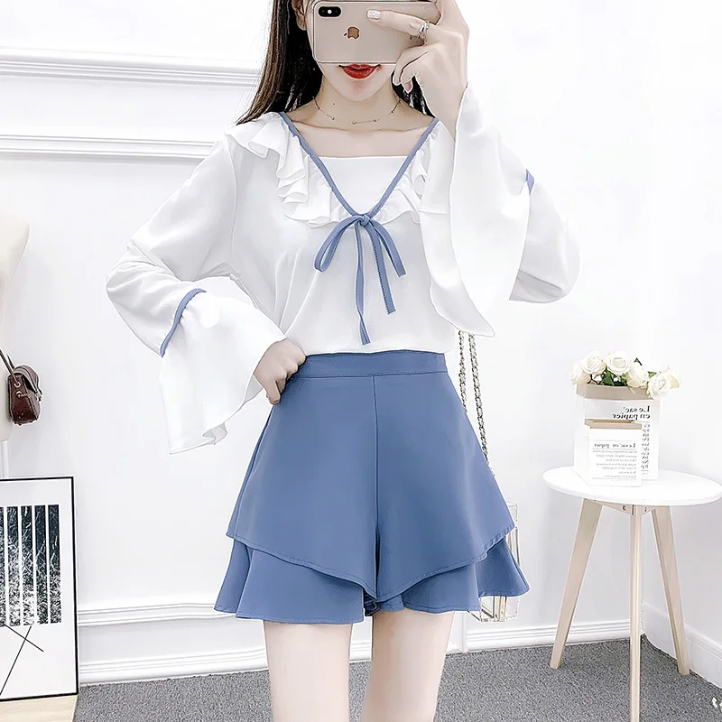 

2020 Spring New Style Online Celebrity Fresh And Sweet Chiffon Blouse High-waisted Wide-Leg Shorts Two-Piece Set Students Colleg