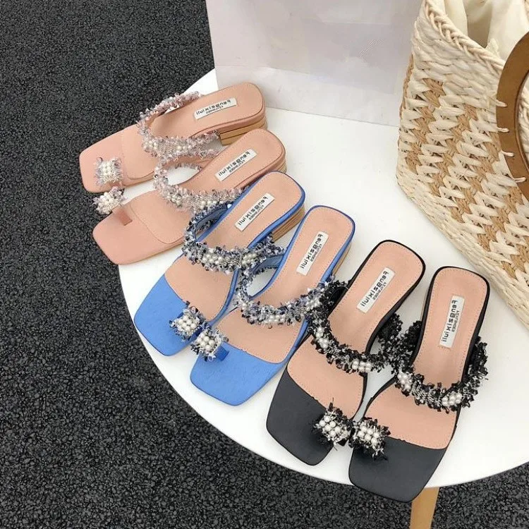 

Shoes Designer Slides Low Square Toe String Bead Women's Slippers 2019 Ladies Flip Flops Luxury New Flat Sliders Flip-flops