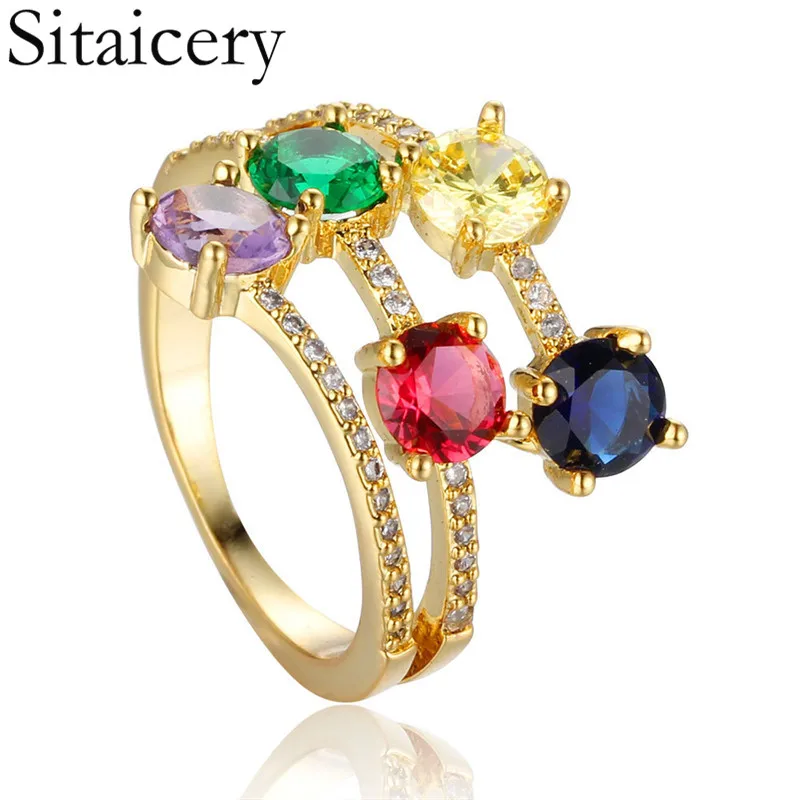 

Sitaicery Colorful Rainbow Ring Golden Zircon Woman's Ring Luxury Adjustable Engagement Ring Party Ring Jewelry For Women Gift