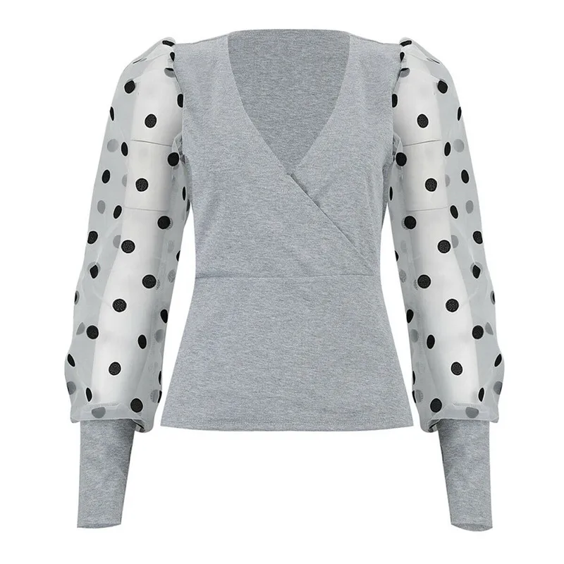 Женская модная блуза с длинным рукавом из прозрачной сетки, сексуальные топы с пышными рукавами, винтажная узкая трикотажная блузка в горошек с рукавом - Цвет: B