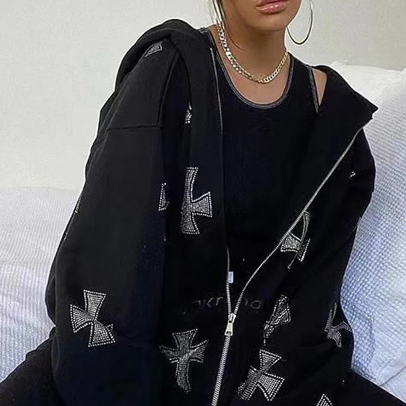 Женская модная Толстовка Стразы с перекрестным принтом Y2k на молнии E-girl 90-х годов