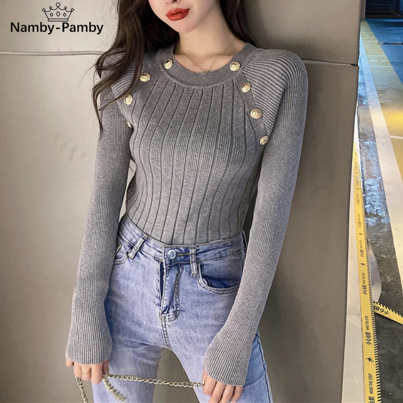 O Neck Long Sleeve Bottoming Woman Sweaters Full 2021 Chic Button Design Womens Tops Vintage Elegant Temperament Tshirts | Женская