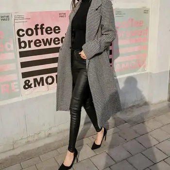 

Fall Women British Style Plaid Woolen Coat Slim Houndstooth Long Wool Jackets Ladies Business Belt Oversized Outwear