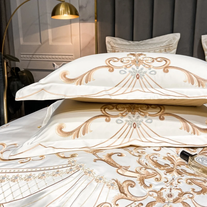 Luxury Gold Royal Embroidery Satin Silk Cotton Bedding Set Smooth Silky Double Duvet Cover Set Comforter Cover And Pillowcases