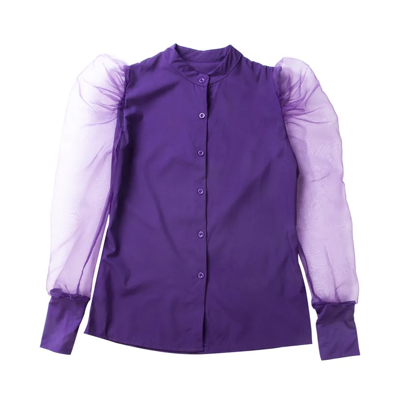 Женская блузка с длинным рукавом из тюля размера плюс S-2XL, Женская Весенняя Летняя Сексуальная Повседневная блуза, топы - Цвет: Фиолетовый