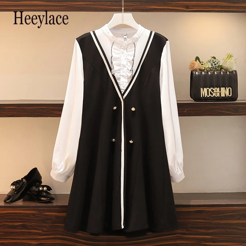 

Plus Size Women Casual Dress Autumn 2019 Fashion Pleated Ruffle Stand Collar Long Sleeve Patchwork Ladies Elegant Dresses L-4XL