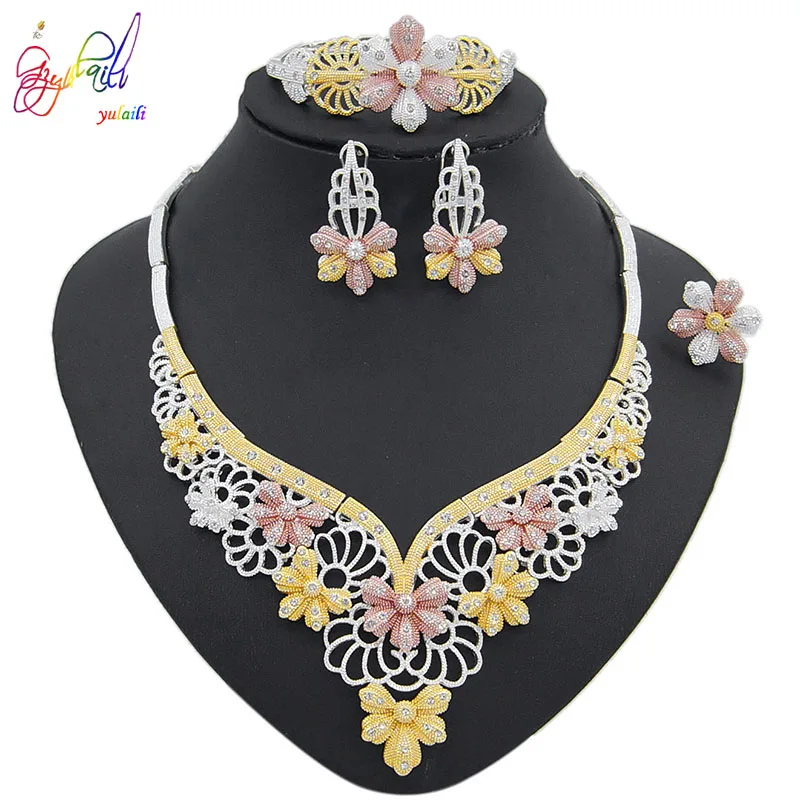 

Yulaili Zircon Wedding Jewelry Sets Flower Crystal Necklace Bracelet Earrings Ring Luxury African Bride Gift Dubai Accessories