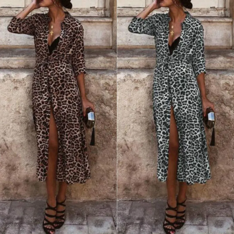 Elegant Womens Leopard Print Dress Deep V Neck Women Long Sleeve Belt Lace Up Vestidos Vintage Beach |