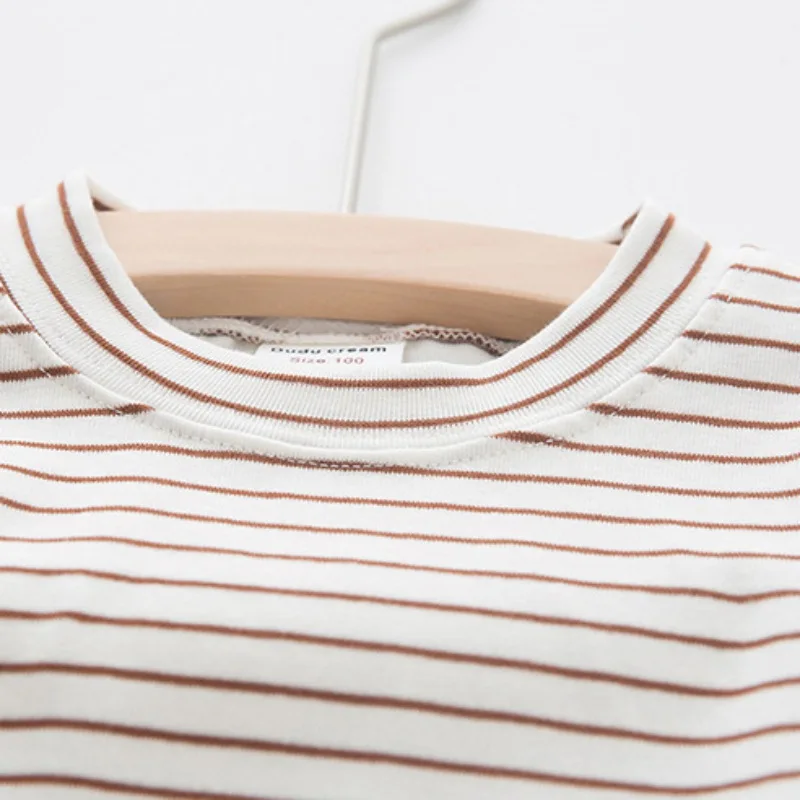 Autumn Winter New Baby Kid 1-7Y Boys Girls Long Sleeve Striped Cotton T-shirt Casual O-Neck Solid Color Comfortable Tees