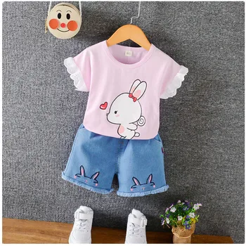 

Summer Baby Girls Sets Clothing Cotton Casual Basic T-shirt Short Jeans 2pcs Sets Kids Outfit Clothes Baby Tracksuit F0044
