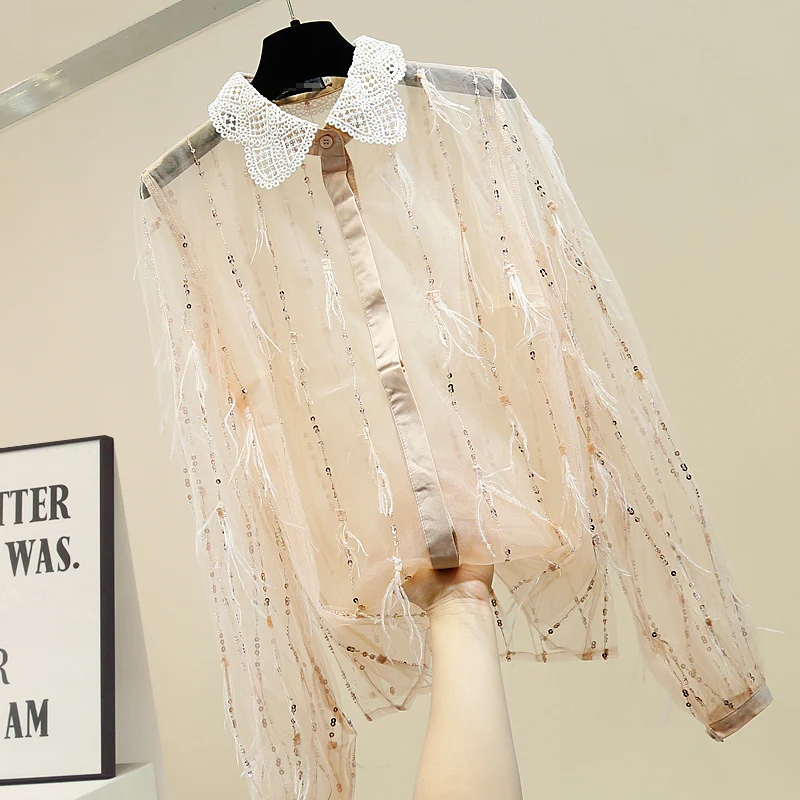 

Mesh Blouse Woman Sequined Feathers Fringed Lace-Panel Sweet Doll Collar Transparent Shirt Women's Blouses and Tops Streetwear