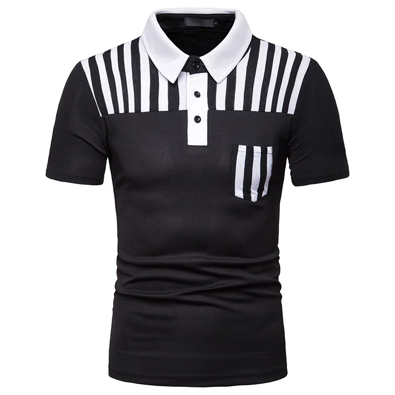 D28-black BINHIIRO Men's POLO shirt Cotton Blends Striped Button Casual Tops Slim Fashion Business sports Men short sleeve polo shirt D29 - Цвет: D28-black