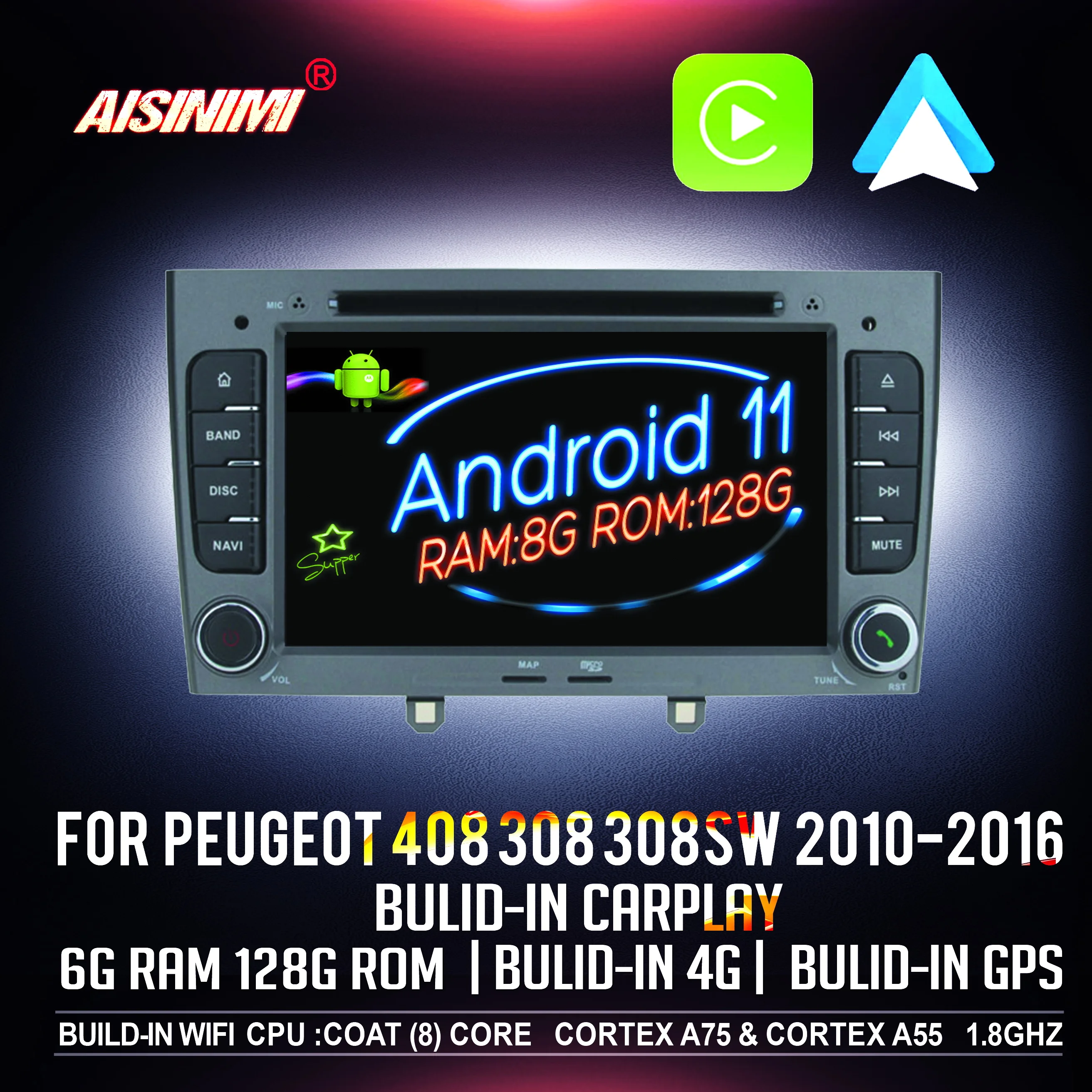 

AISINIMI Android 11 8 ram +128 ROM Car Dvd Player For PEUGEOT 408 308 308SW 2010-2016 Car Audio Gps Stereo Monitor