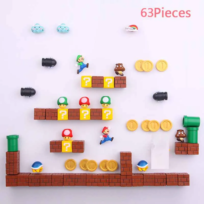 63 шт. 3D Super Mario Bros. Магниты на холодильник стикер сообщений забавные Девочки Мальчики для малышей детей студентов игрушки подарок на день рождения - Цвет: 63 Combinations