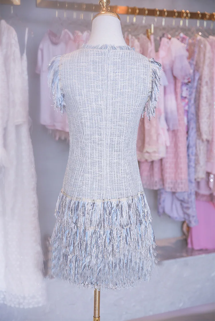 Женское элегантное клетчатое твидовое платье с кисточками без рукавов с круглым вырезом, женские повседневные Модные шикарные твидовые платья на бретелях Vestidos