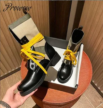 

Prowow New HIgh Quality Genuine Leather Round Toe Lace Up Autumn Winter Boots Thick Heel Low Heel Midcalf Boots Zapatos Mujer