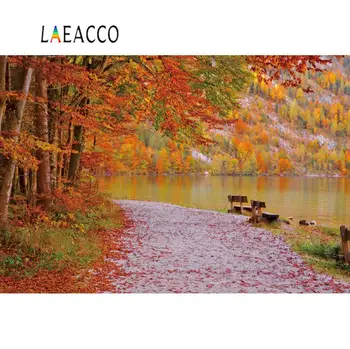 

Laeacco Photo Backdrops Autumn Maples Lakeside Mountain Fallen Leaves Scene Photographic Backgrounds Photocall Photo Studio