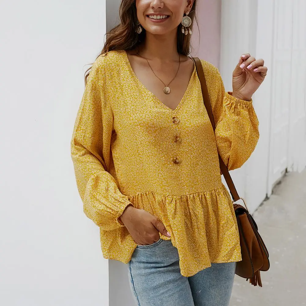 Floral Women Shirts 2020 Spring Long Sleeve New Sexy V-neck Yellow Print Shirts Office Blouse Chiffon Loose Female Clothes - 4.00056E+12