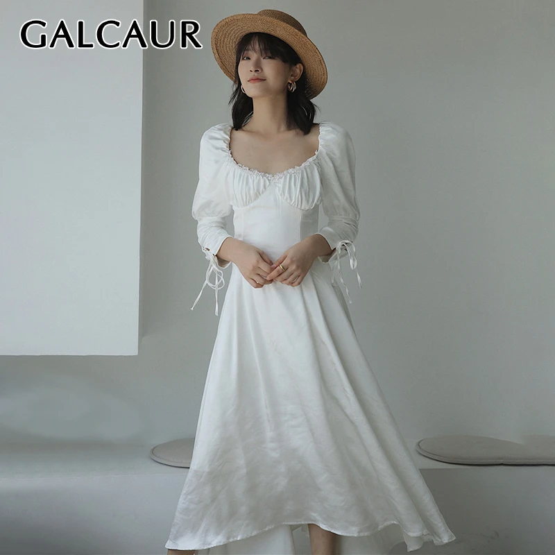 

GALCAUR Lace Up White Ruched Dress For Women Square Collar Puff Sleeve High Waist A-line Dresses Female 2019 Autumn Fashion New
