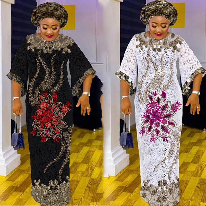 MD 2022 New African Lace Dresses For Women Embroidered Sequin Maxi Robe Muslim Hijab Abayas Ankara Dashiki Kaftan Robe Africaine