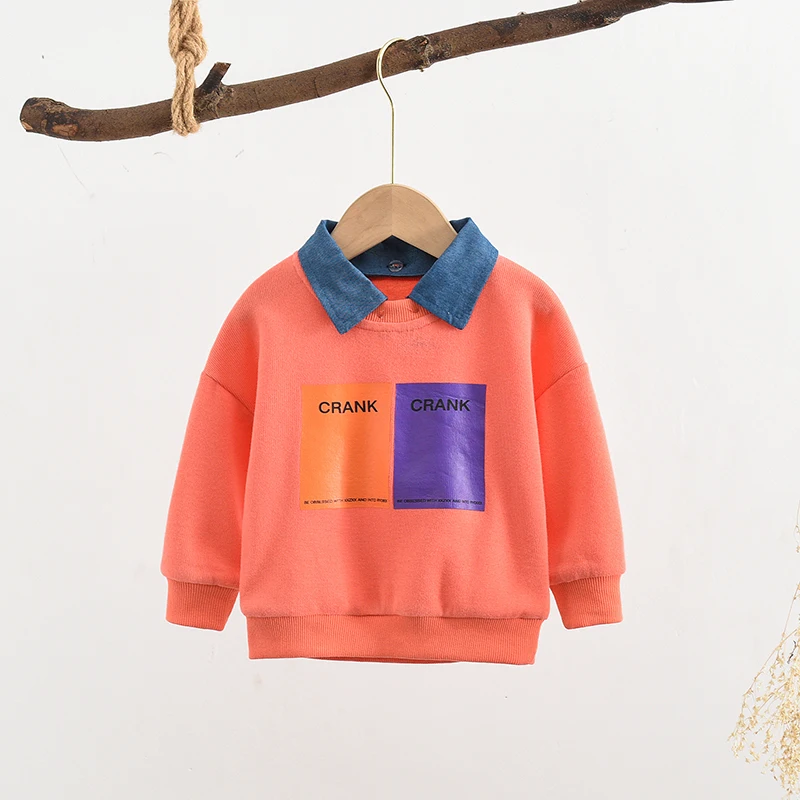 Свитшоты для маленьких мальчиков и девочек футболки с длинными рукавами и отложным воротником и надписями детская весенне-осенняя одежда верхняя одежда для младенцев - Цвет: Оранжевый