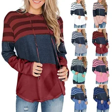 Женские толстовки свободный пуловер с длинным рукавом полосы контрастных цветов Весна Осень Толстовка Топ ALS88