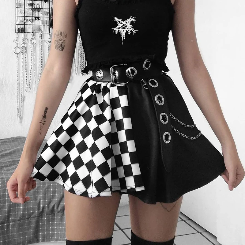 skorts for women Sexy Skirt Harajuku Skirt Dark Girl Contrast Plaid Stitching Skirt Sexy High Waist Overskirt In Summer Gothic Skirt Y2k Skirt black tennis skirt