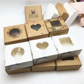 

7.5x7.5x3cm Wholesale 50pcs Kraft Paper Box Transparent PVC Window Soap Boxes Gift Packaging Box Wedding Favors Candy Box