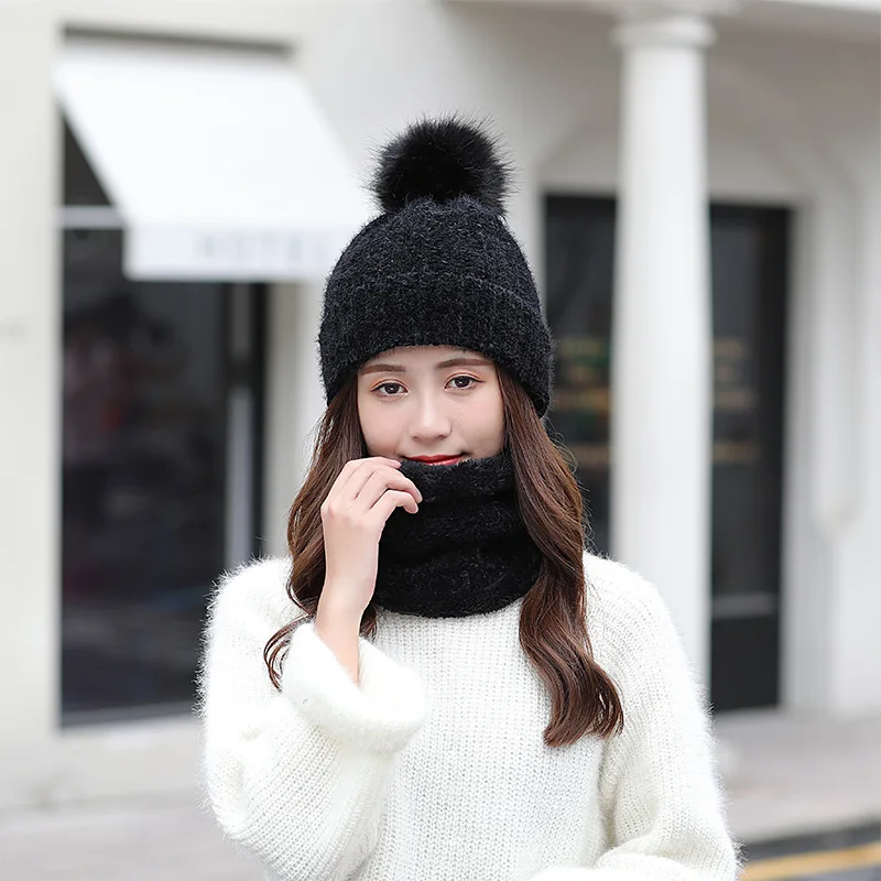 Hat Scarf Set Winter Women Plus Velvet Thick Warm Outdoor Sport Chenille Knit Hat And Scarf Korean Female Beanies Caps F24810AD