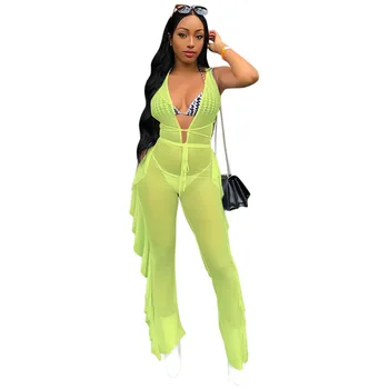 

Women Sexy Deep V-neck Mesh Jumpsuits 2019 New Sleeveless Ruffle Transparent Wide Leg Rompers Loose Beach Overalls