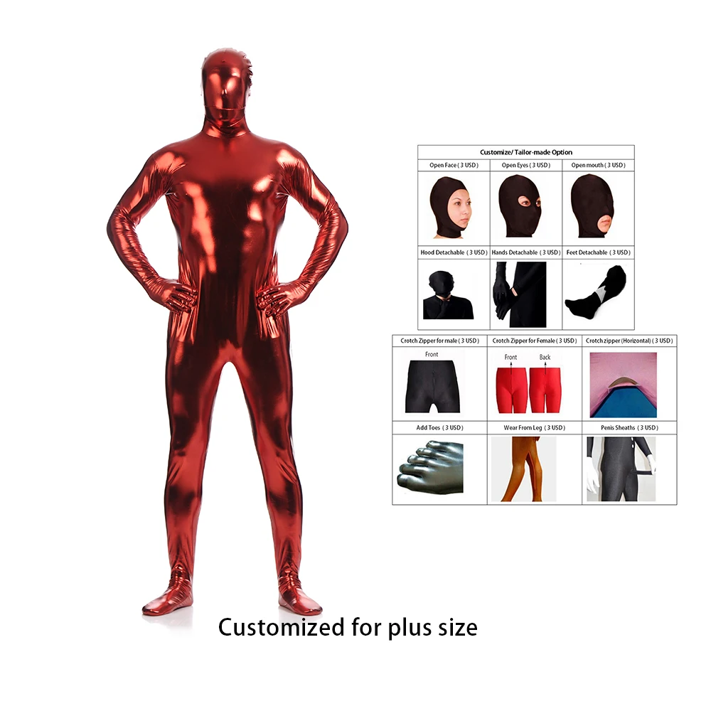 

2021 Free shipping Shiny Lycra Spandex Shiny Wine Red Mens Unitard Catsuits Metallic Footed Zipper Zentai Bodysuit