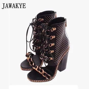 

Summer Open Toe Ankle Boots Gold Chain Bordered Studed Punk Motorcycle Boots Party Shoes Women's Block Heel Black Leather Boots