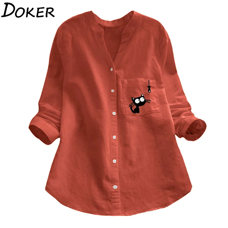 

2020 Spring New Blouse Women Plus Size Top V-neck Long Sleeve Loose Casual Shirt Cat Print Womens Tops And Blouses