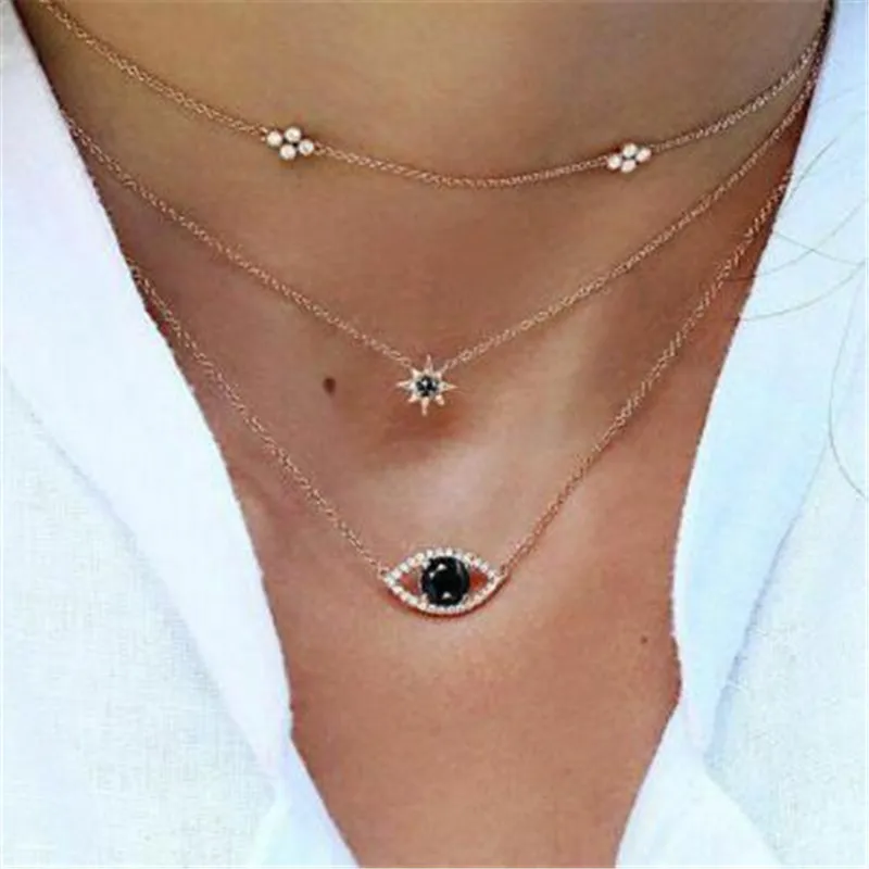 

WKOUD Vintage Multilayer Gold Necklaces Eyes Crystal Gems Gold Multilayer Chain Pendant Necklace Exquisite Shiny Charm Jewelry
