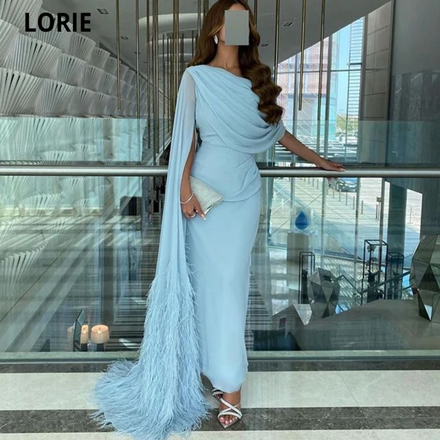 LORIE Sky Blue Chiffon Long Prom Dresses Cap Sleeves With Long Feather Brush Mermaid Evening Gowns Sexy Formal Party Dress Sky Blue
