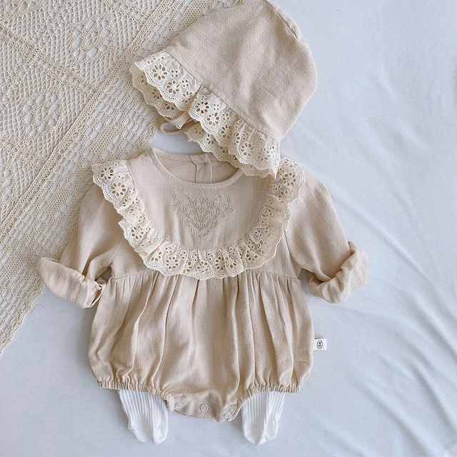 Lace Princess Toddler Romper 2020 Autumn Retro Newborn Baby Girl Clothes Cotton Spring Pure Color Infant Outfits 2pcs With Hats 3