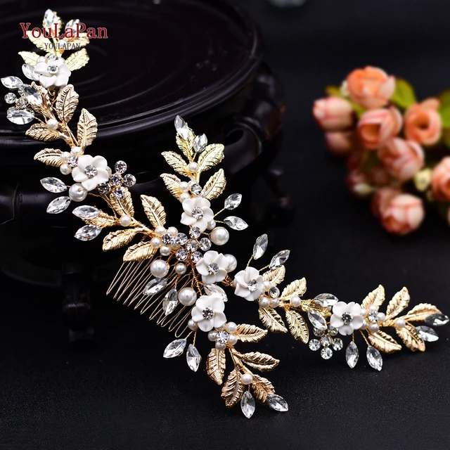 TOPQUEEN HP301 Indian Bridal Hair Accessories Alloy Flower Bridal Crowns and Tiaras Silver Hair Pieces Wedding Hair Jewelry HP368-Gold