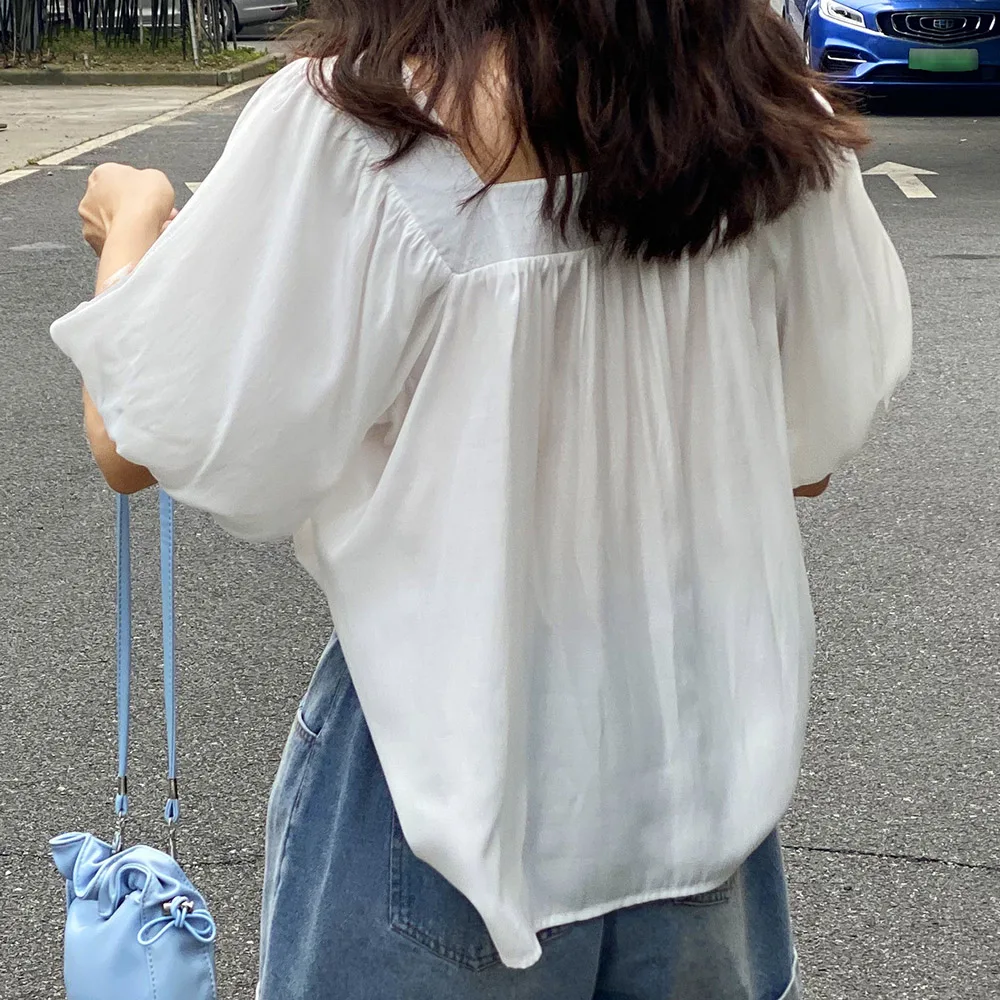 Women 2020 Summer Retro Casual Slim Thin Girl Square Collar Tops Female Solid Lantern Sleeve French Loose Blouse