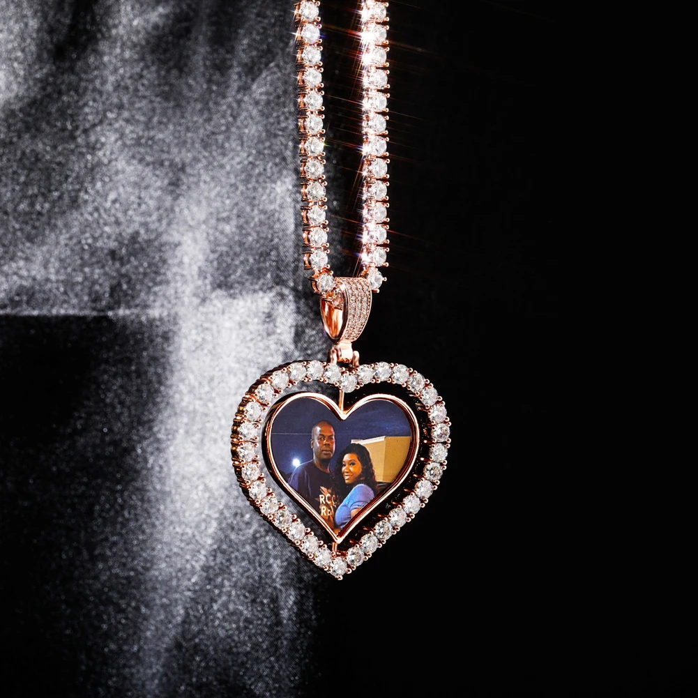 TOPGRILLZ Heart Shaped Custom Photo Spin Double Sided Medallion Pendant Necklace With 4mm Tennis Chain Zircon Hip Hop Jewelry